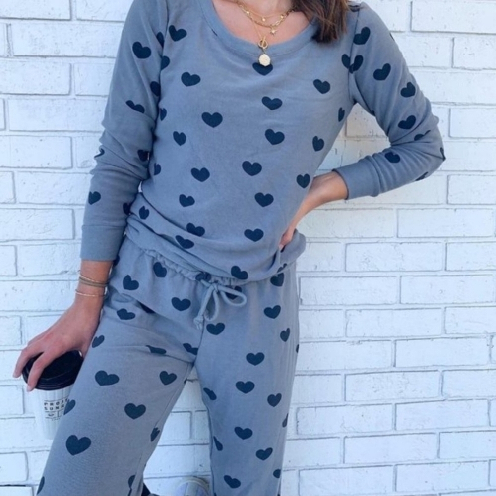 New Chaser Blue Hearts Loungewear Athleisure Sleepwear Jogger Set NWT Small